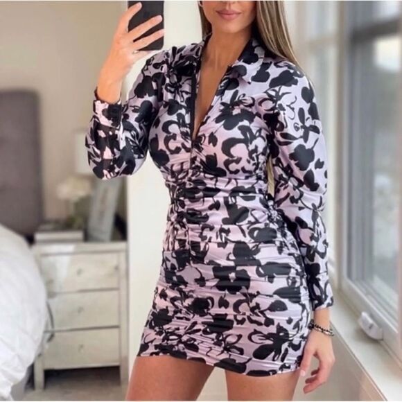 NWT Zara Blogger’s Favorite “The Dita” Satin Effect Printed Ruched Mini Dress - Picture 9 of 16
